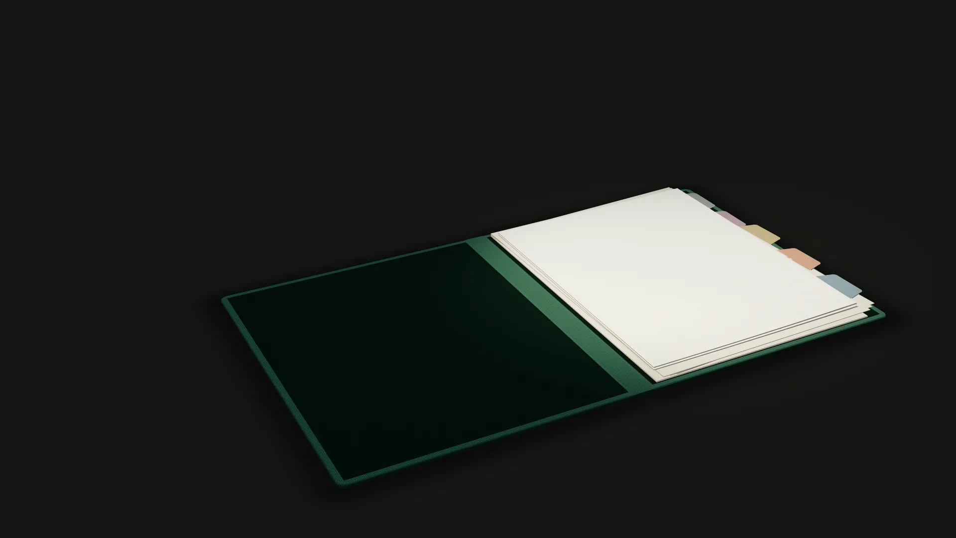 Eine tannengrüne Unterschriftenmappe öffnet sich; oben liegt ein Blatt Papier, am Rand Register in gedeckten Farben.