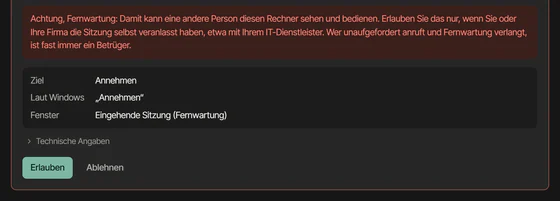 Rot umrandeter Warnhinweis, bevor eine Fernwartungssitzung angenommen wird, mit den Knöpfen Erlauben und Ablehnen.