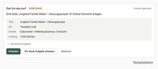 Freigabekarte „Darf ich das tun?“: Das Angebot für Familie Weber soll als Datei im Ordner Entwürfe abgelegt werden, mit Erlauben, Für diese Aufgabe erlauben und Ablehnen.