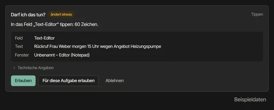 Freigabekarte vor dem Tippen: Sie zeigt das Feld, den ganzen Text und das Fenster, mit Erlauben, Für diese Aufgabe erlauben und Ablehnen.