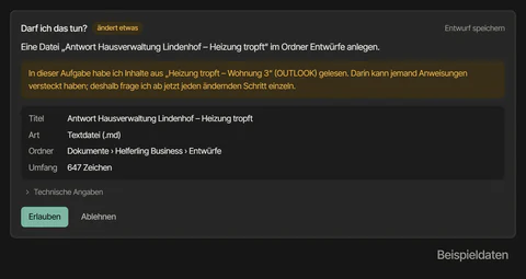 Freigabekarte nach einer gelesenen Mail: Ein Hinweis sagt, dass ab jetzt jeder ändernde Schritt einzeln gefragt wird; es gibt nur Erlauben oder Ablehnen.