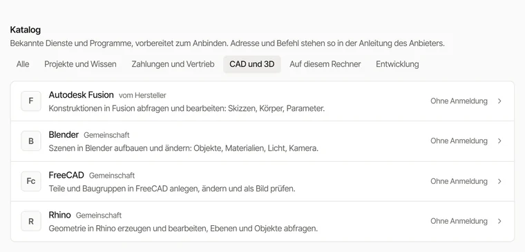 Katalog der Anbindungen, gefiltert auf CAD und 3D: vier Programme zum Anbinden, je mit einem Satz, was die Firma damit tun kann.