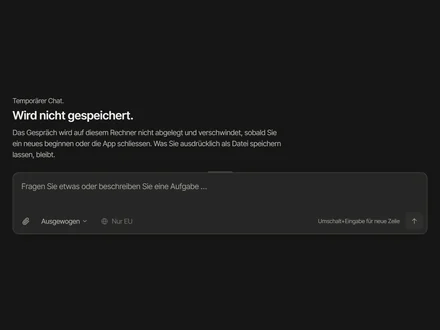 Temporärer Chat in dunkler Darstellung: Das Gespräch wird nicht gespeichert und verschwindet beim nächsten Gespräch oder beim Schliessen der App.
