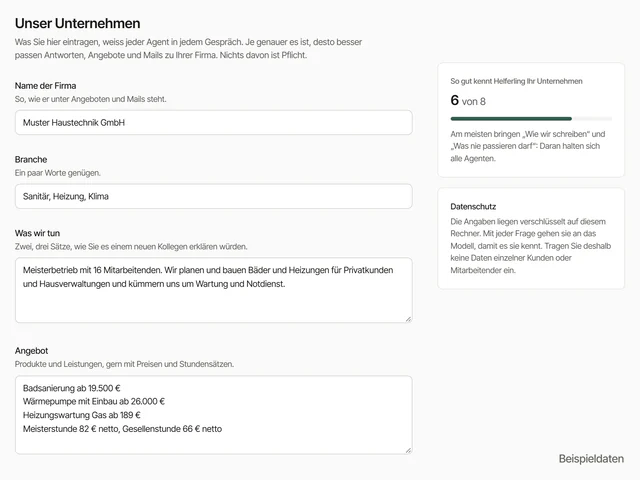 Firmenprofil unter „Unser Unternehmen“: Name, Branche, was die Firma tut, und ihr Angebot; rechts der Stand 6 von 8 und ein Hinweis zum Datenschutz.
