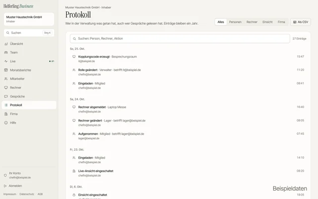 Protokoll der Verwaltung, mit Beispieldaten: wer einen Kopplungscode erzeugt, eine Rolle geändert, jemanden eingeladen oder aufgenommen und einen Rechner abgemeldet hat, nach Tagen, mit Suche und Export als CSV.